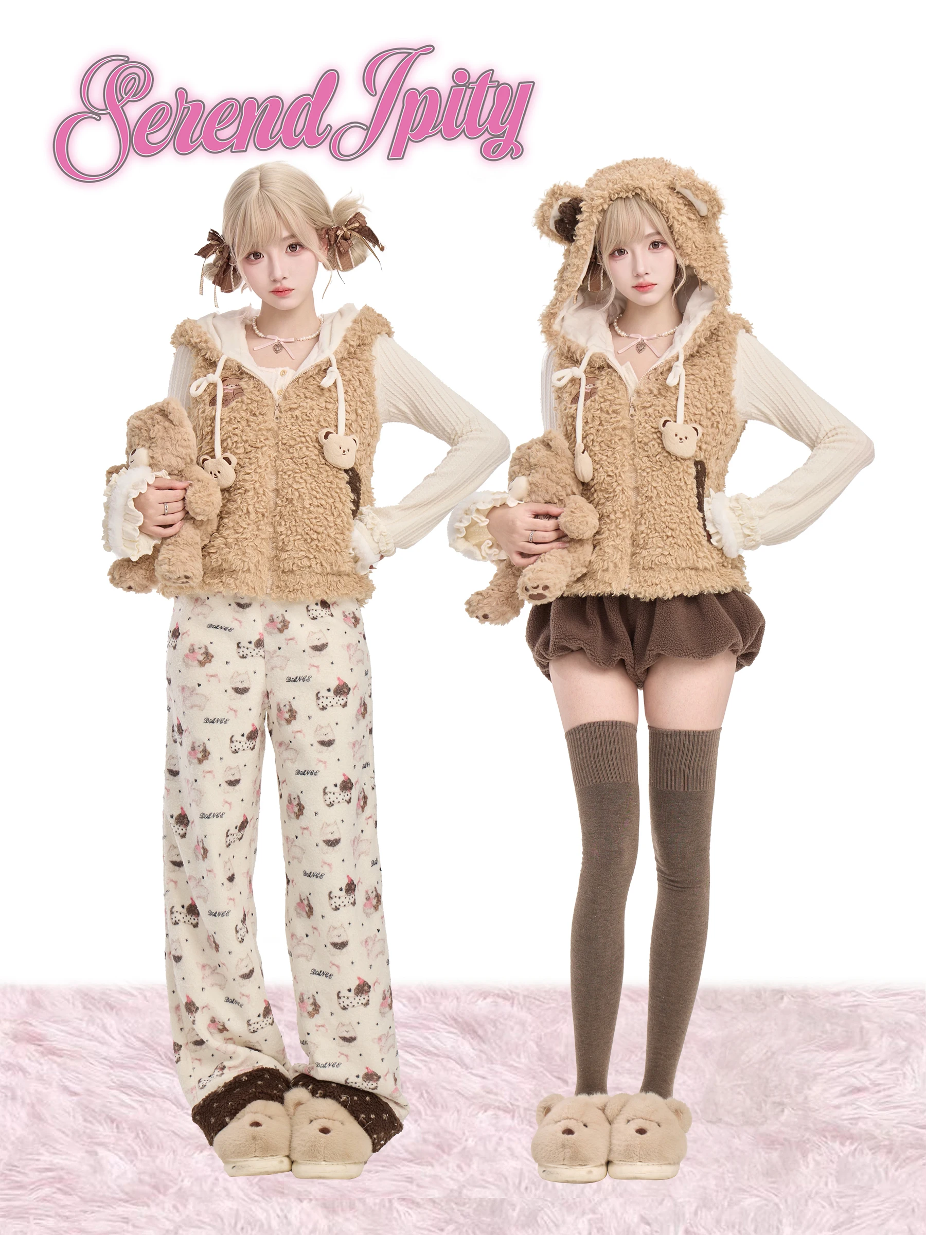 Girls Coconut Bear Knitted Long Sleeve Vest Print Plush Long Pants Set Cute Biscuit Bear Style Autumn Fashion Ladies T-shirt