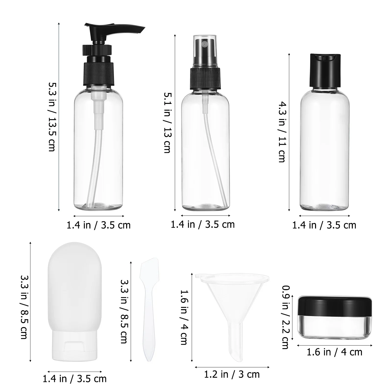 1 zestaw podróżnych butelek na kosmetyki, przenośne, wielokrotnego użytku, na szampon, odżywkę, balsam, spray, z pompką, szczelne, z etykietami.