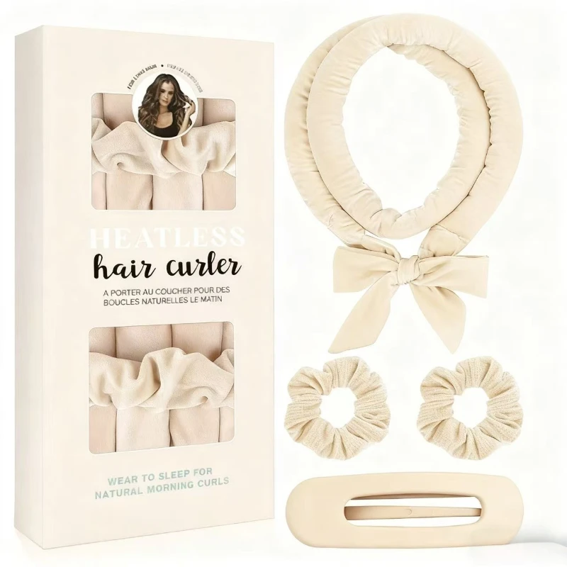 

4-Piece Silk-Coated Heat-Free Curling Wand Set Long-Lasting Hold Soft Overnight Curling Wands with Hairband Hair Styling Tools