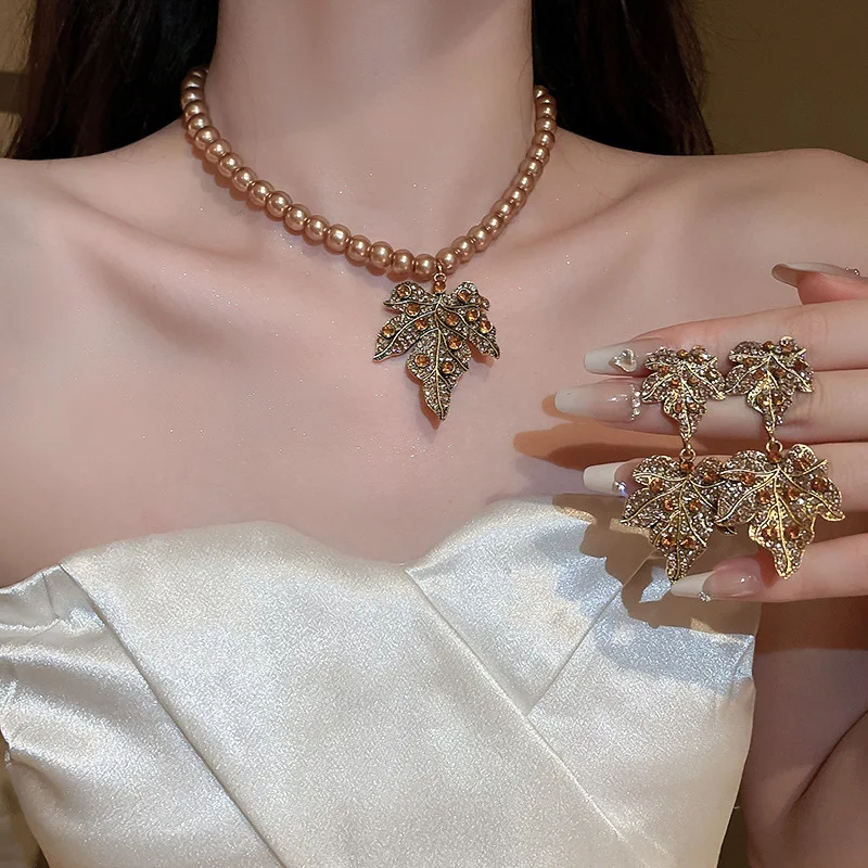FYUAN Vintage Champagne Pearl Necklace Maple Leaf Crystal Earrings For Women Party Banquet Jewelry Sets