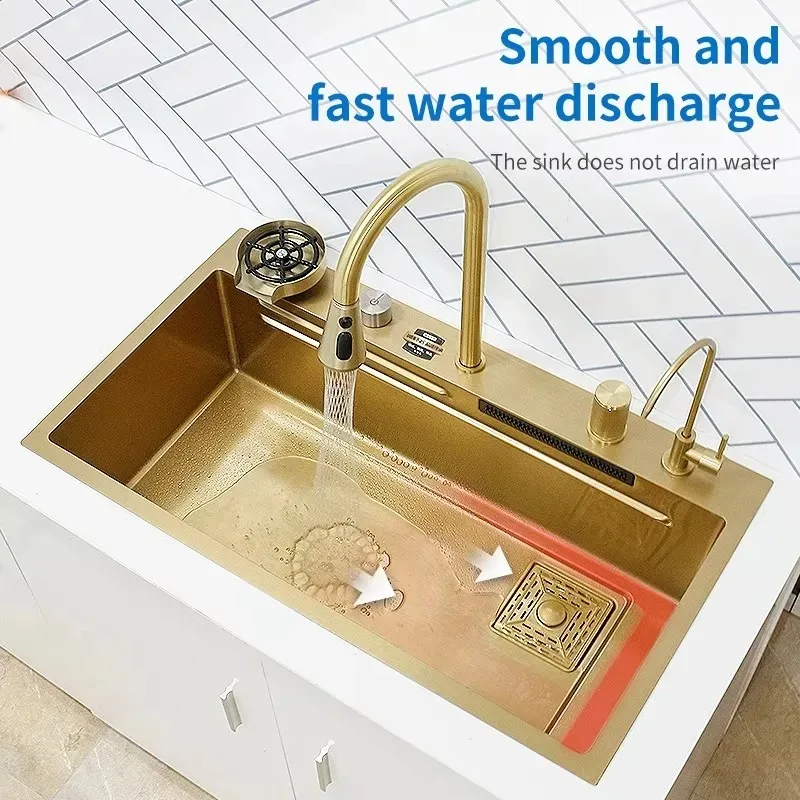 Gold Kitchen Sink Waterfall Faucet Stainless Steel Multifunctional Kitchen Sink With Knife Holder Sink Wash Basin
