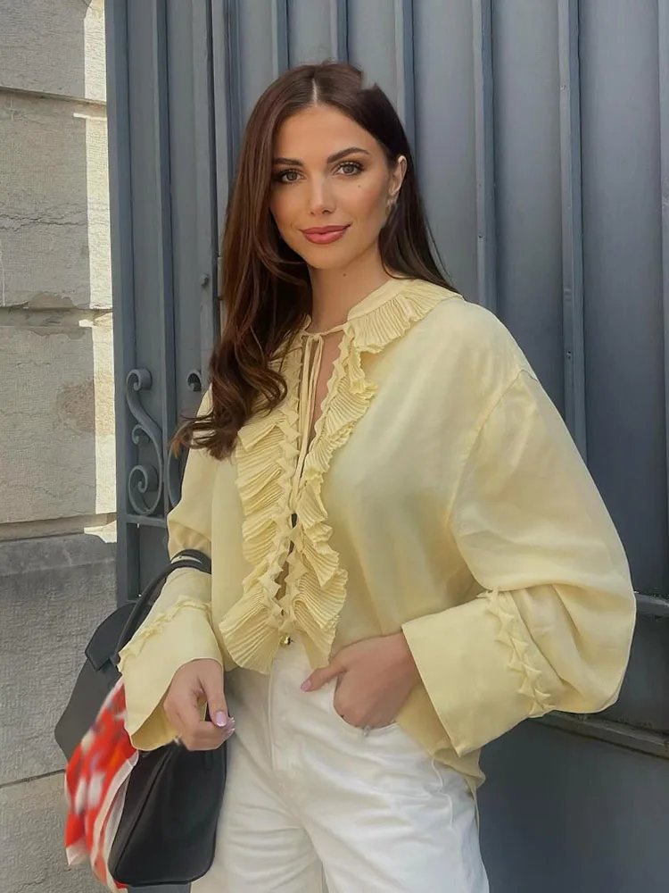

HH Female Summer Casual Chic Shirts Light Yellow V-Neck Long Sleeves Tierred Decoration Lace-Up Women's Fashion Blouses