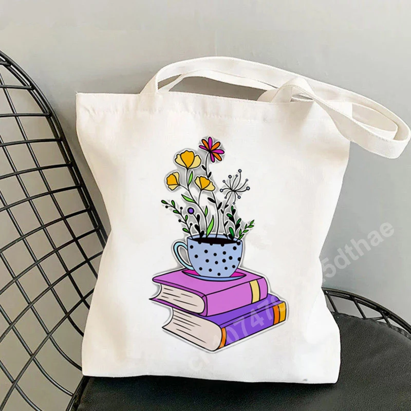 Women Flowery Books Printed Shoulder Bag Kawaii Harajuku Shopper Shopping Canvas Fashion Student Bags Girl Handbags Tote Lady