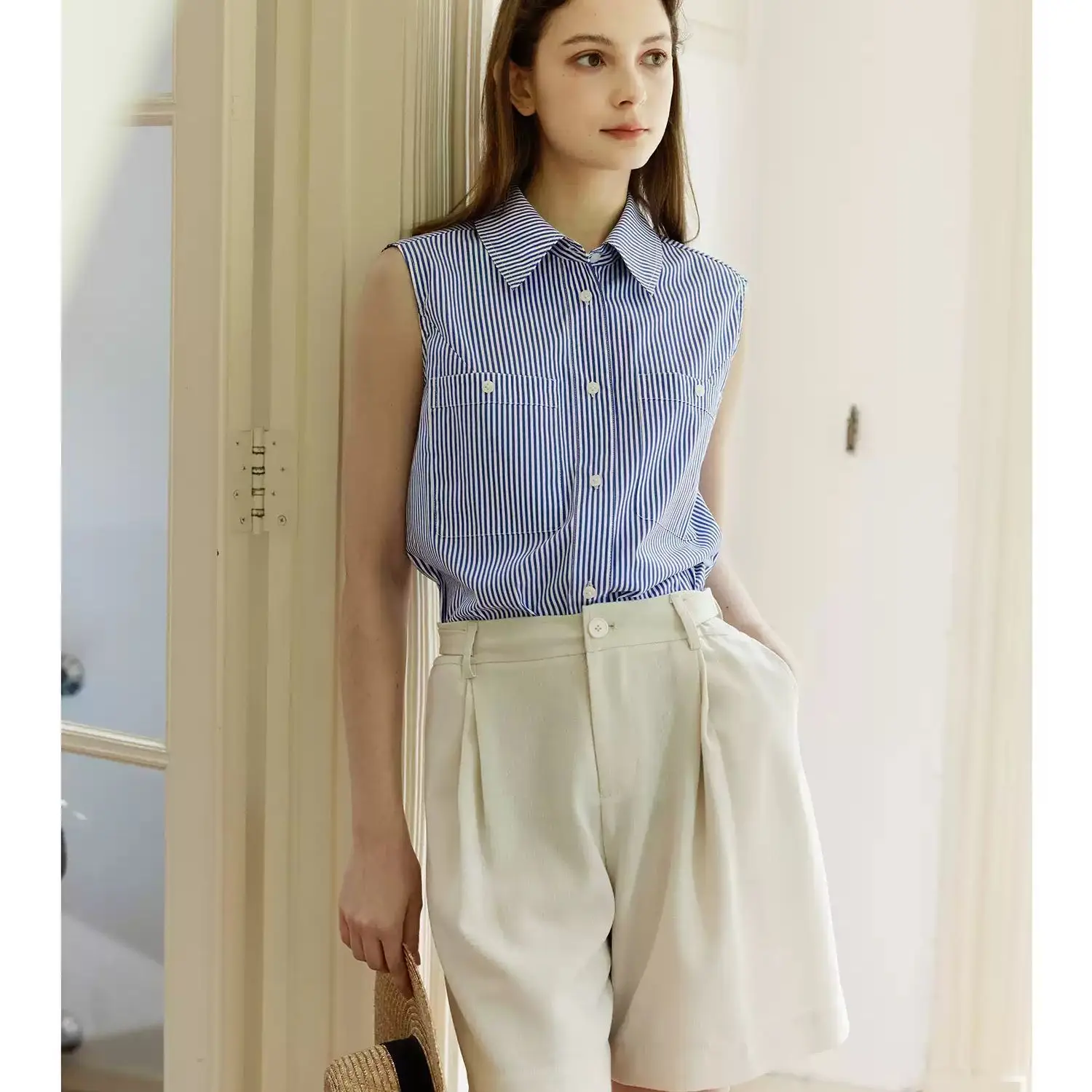Retro Koszulka w Paski Luźna Casualowa Damska Letnia Lekka Łatwa w Pielęgnacji Oddychająca Poliestrowa Bluzka