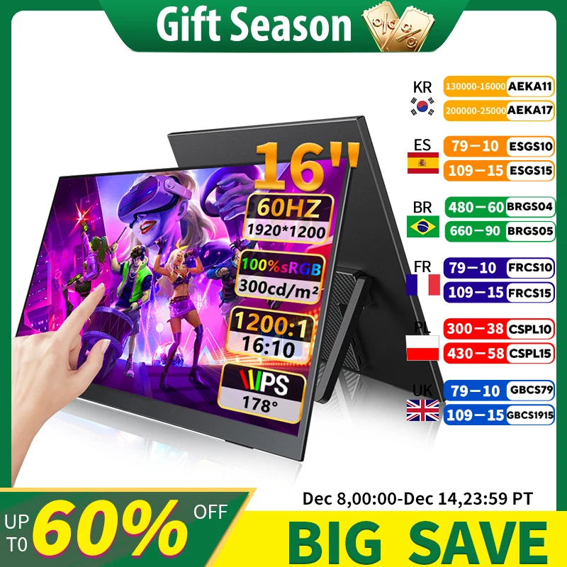

16" FHD Portable Touch monitor External Display IPS 1200P Screen USB C mini-HDMI for Laptop Mac PC Xbox PS Switch With VESA Hole