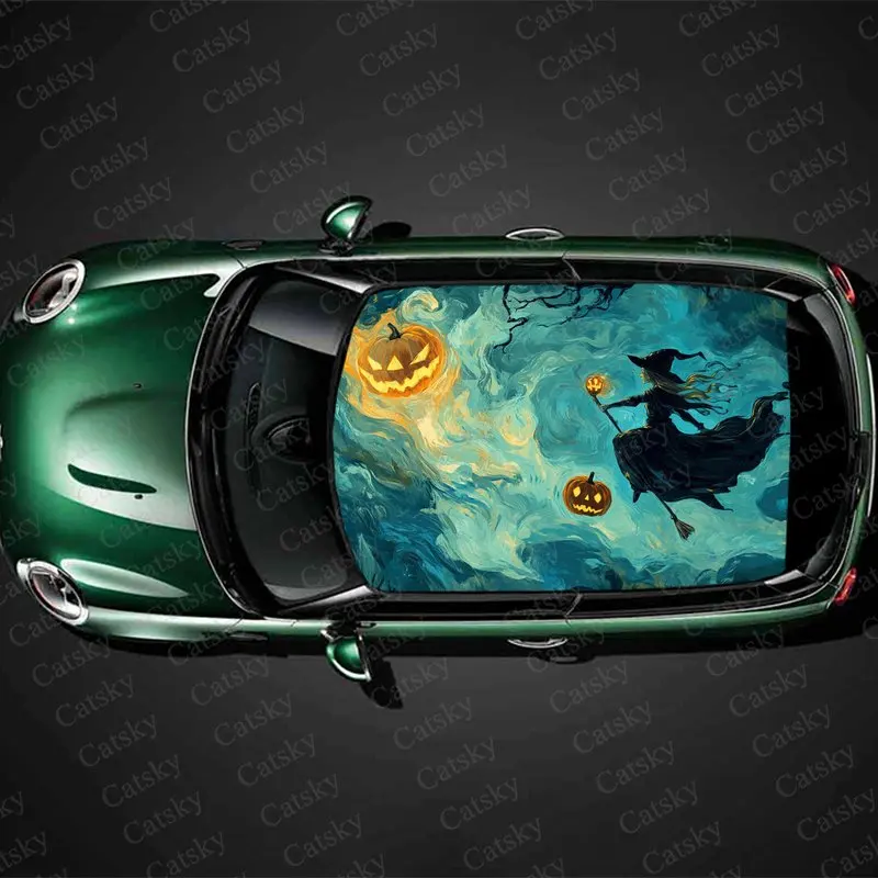 

Halloween Pumpkin Witch Print Car Roof Sticker Wrap Racing SUV Auto Accessories Packaging PVC Car Hood Graphic Decal Decoration