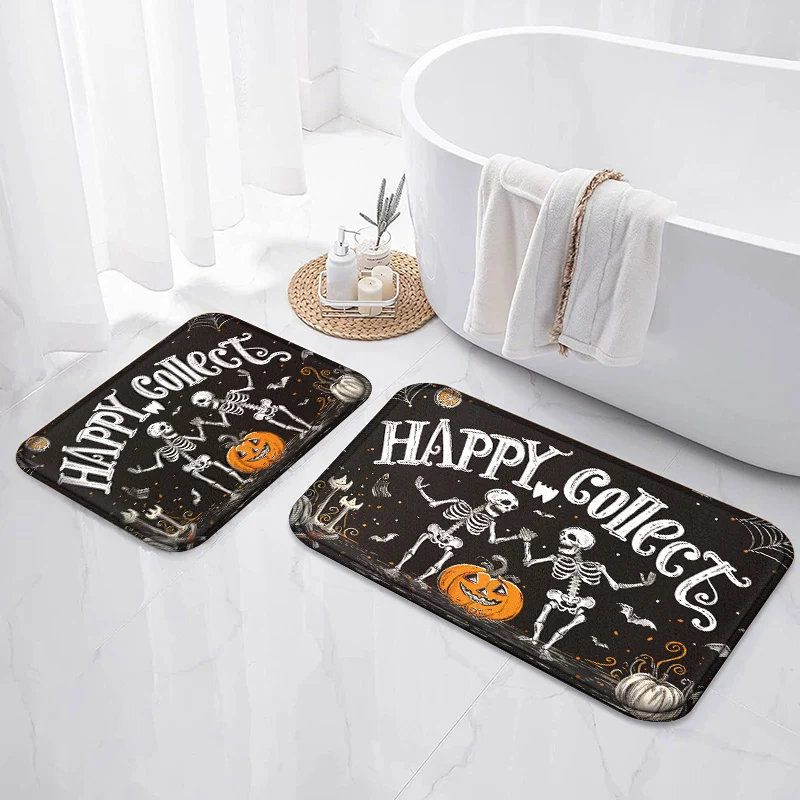 

Halloween Bath Mat, Skeleton Pumpkin Quick Dry Door Mat Super Absorbent And Washable Floor Mat Non-slip Kitchen Mat