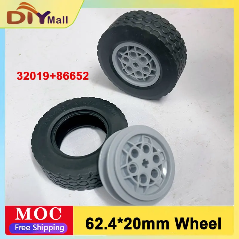 Zestaw opon i kół 62,4x20mm 32019+86652, gumowe opony o wysokiej przyczepności z wytrzymałymi piastami koła do zestawów konstrukcyjnych kompatybilnych z Legoeds.