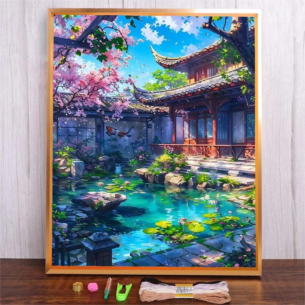 

DIY 11CT Cross Stitch Embroidery Kits Craft Needlework Set Chinese Building Printed Canvas Cotton Thread Kit Home Decoration
