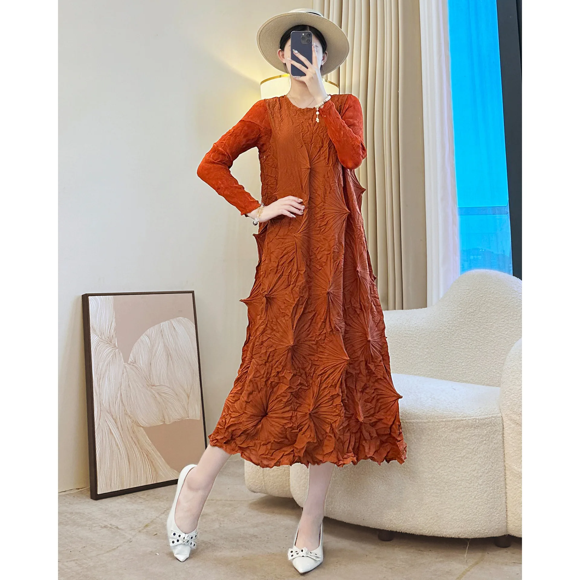 

Miyake Niche Irregular Pleated Women's Dress Elastic Loose Round Collar Long Sleeve Famale Clothing Chic New Dresses