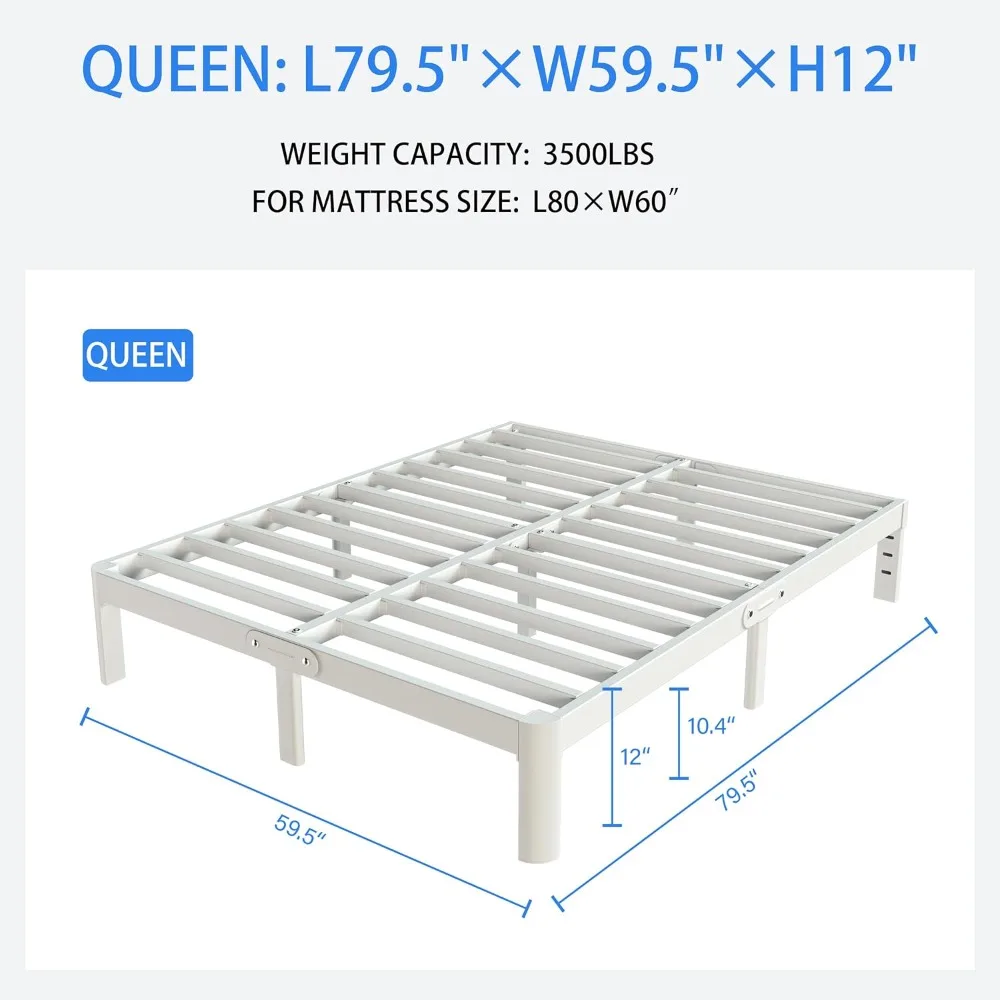 إطار سرير معدني أبيض بحجم كوين مع ارتفاع 12 بوصة، لا يتطلب صندوق زنبركي، هيكل فولاذي عالي التحمل يدعم ما يصل إلى 350