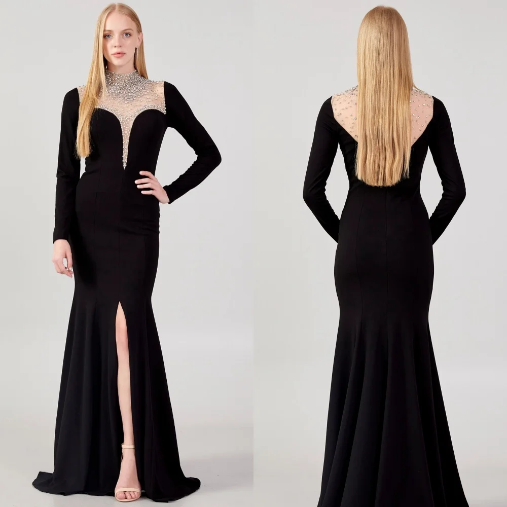 

Customized Retro Velour Sequined Pleat Trumpet High Collar Long Dresses Bespoke Occasion Dresses Exquisite Sparkle