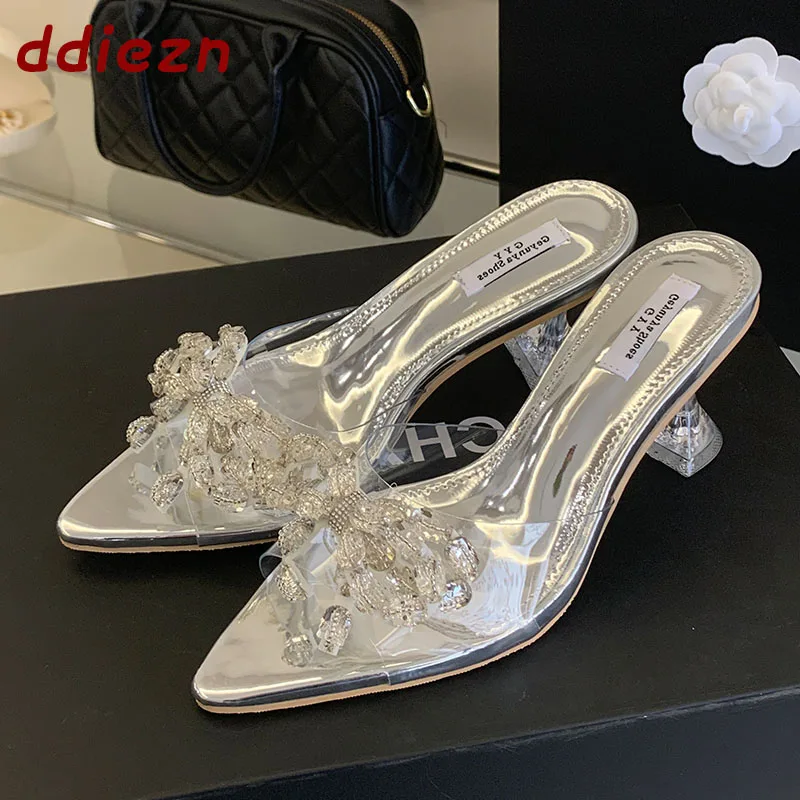 

New Summer Fashion Designed Crystal Heels Pumps Shoes For Women Open Toe Sandals Slides Transparent Sexy Ladies Heels Shoes