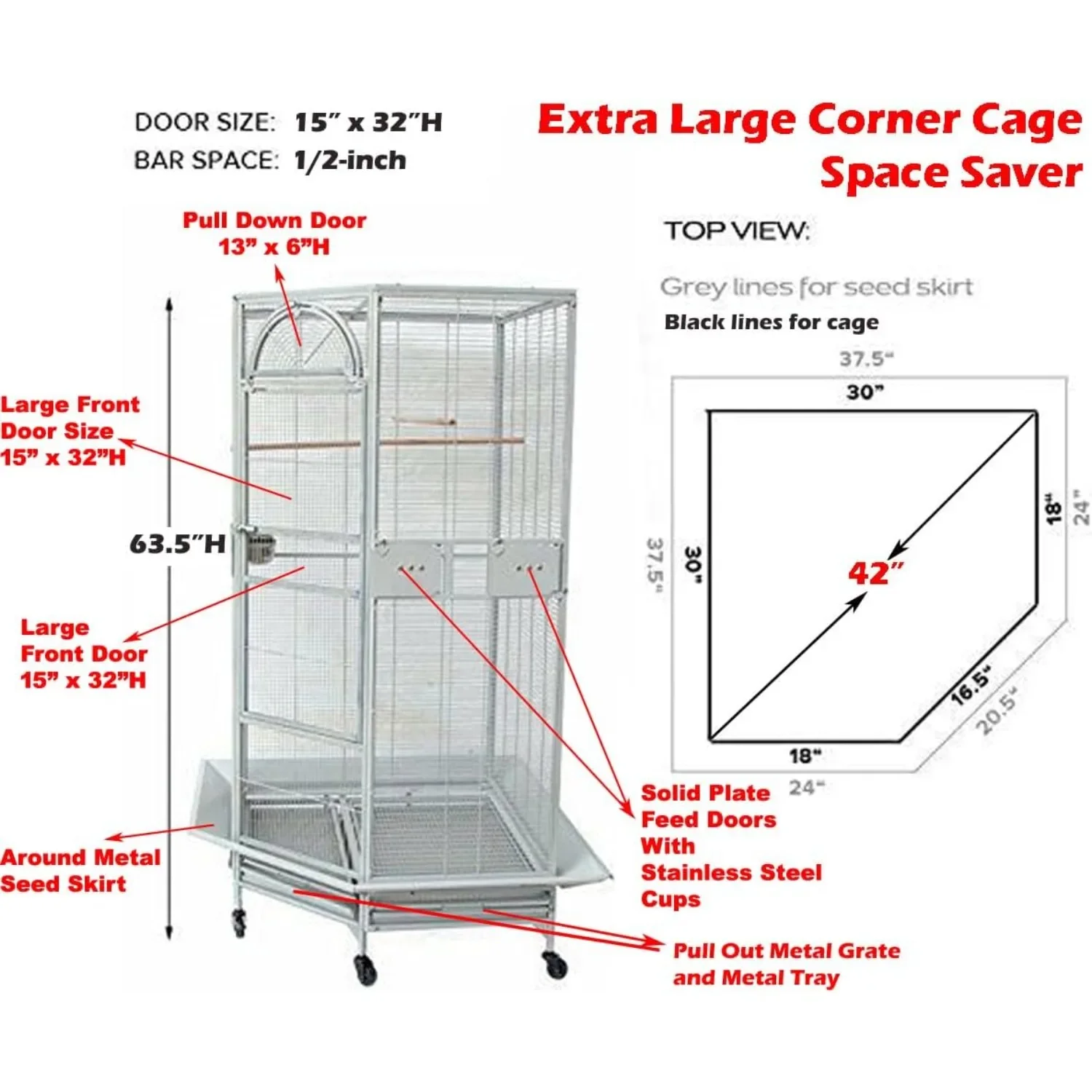 X-Large Corner Parrot Bird Flight Breeding Wrought Iron Rolling Home Cage Solid Plated Feeder Doors with Around Metal Seed Guard