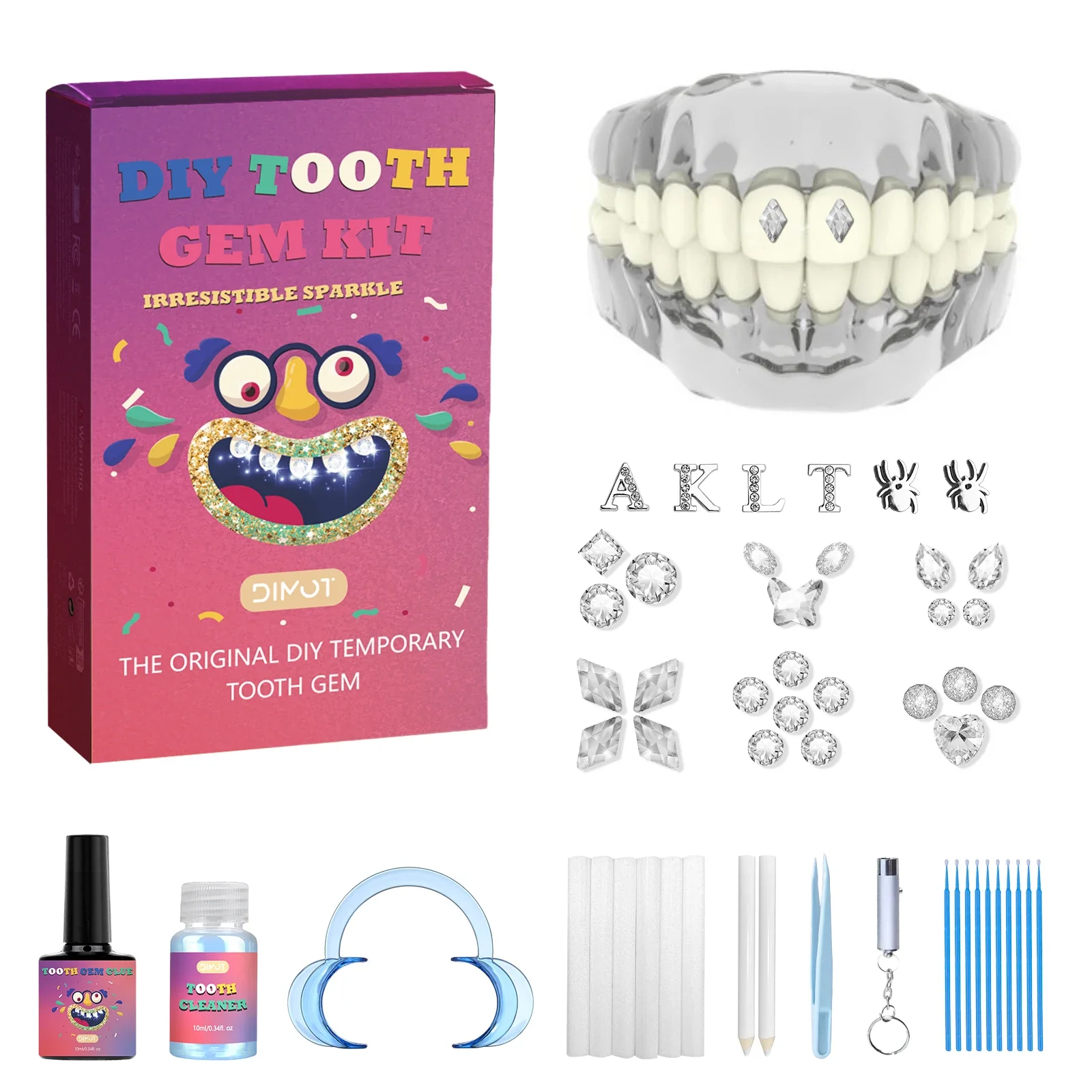 ชุดอุปกรณ์ตกแต่งฟันด้วยอัญมณีใส ชุดอัญมณีประดับฟัน DIY พร้อมกาวและไฟ ประดับฟันด้วยกลิตเตอร์วิบวับ