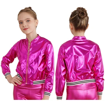 Kids Metallic Dance Bomber Jacket 2 Kids Girls Long Sleeve Casual Sports Bomber Jackets Jazz Hip-hop Street Dance Costume Boys Shiny Metallic Baseball Outwear Coats 2