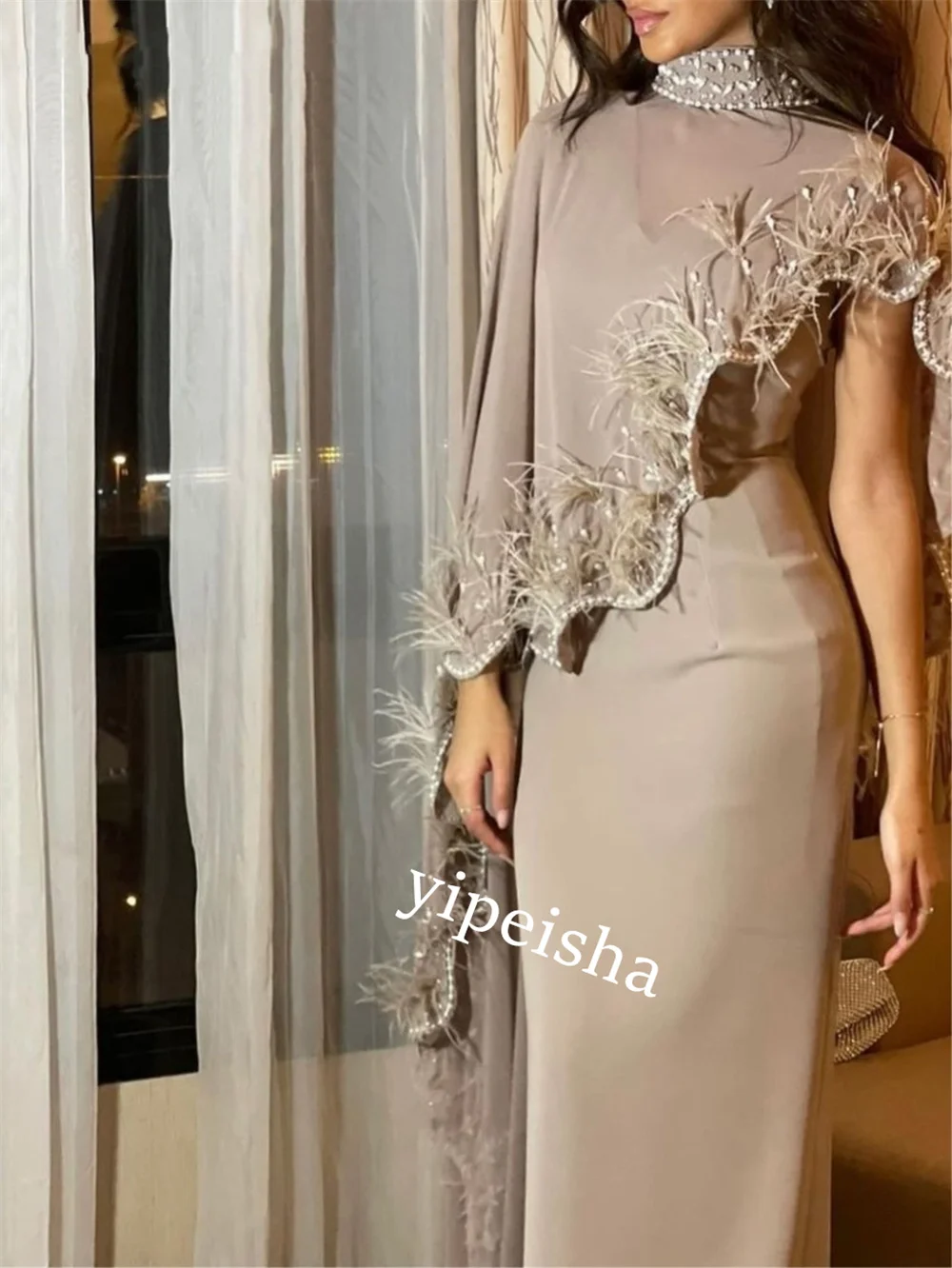 Jiayigong-Jersey con cuentas y plumas para cumpleaños, vestido Midi de cuello alto, a medida, Arabia Saudita