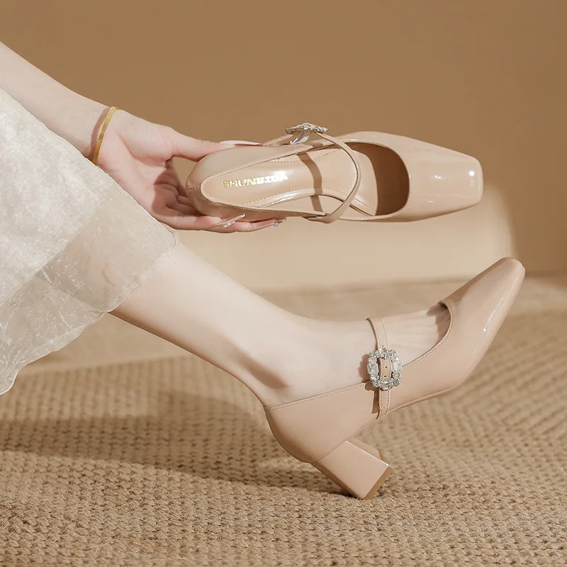 

Mary Jane Women's Shoes 2026 Spring and Autumn New Style Water Diamond Coarse Heel Square Head High Heels Single Shoes