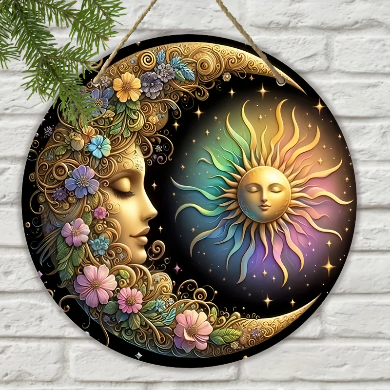 Mandala art style sun and moon wall plate-classic design and manufacture of wooden decorative logo, 8x 8 inches, floral pattern