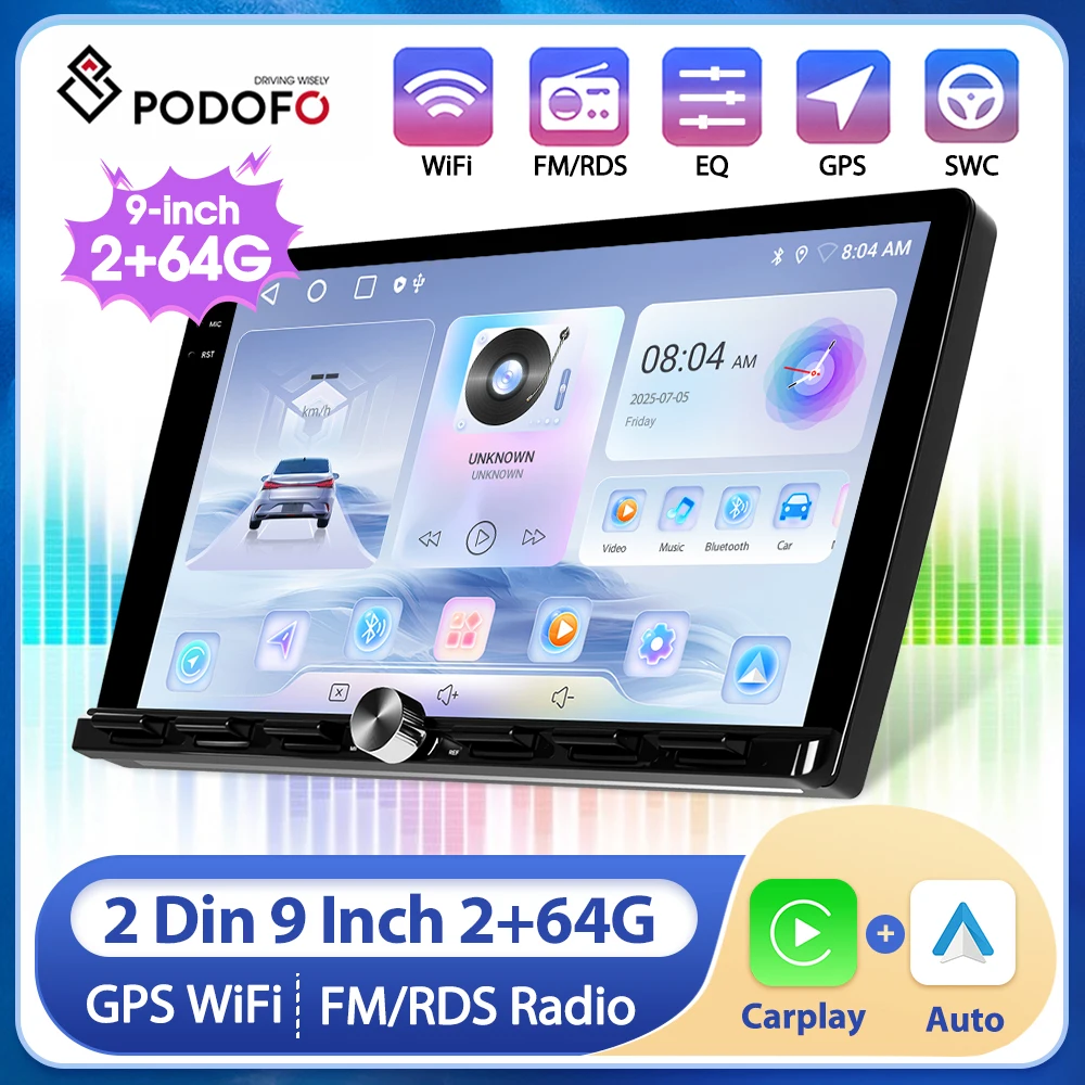 

Podofo 2 din автомобильный стерео радио 9 дюймов беспроводной carplay/авто автомобильный мультимедийный плеер универсальный BT FM-радиоприемник