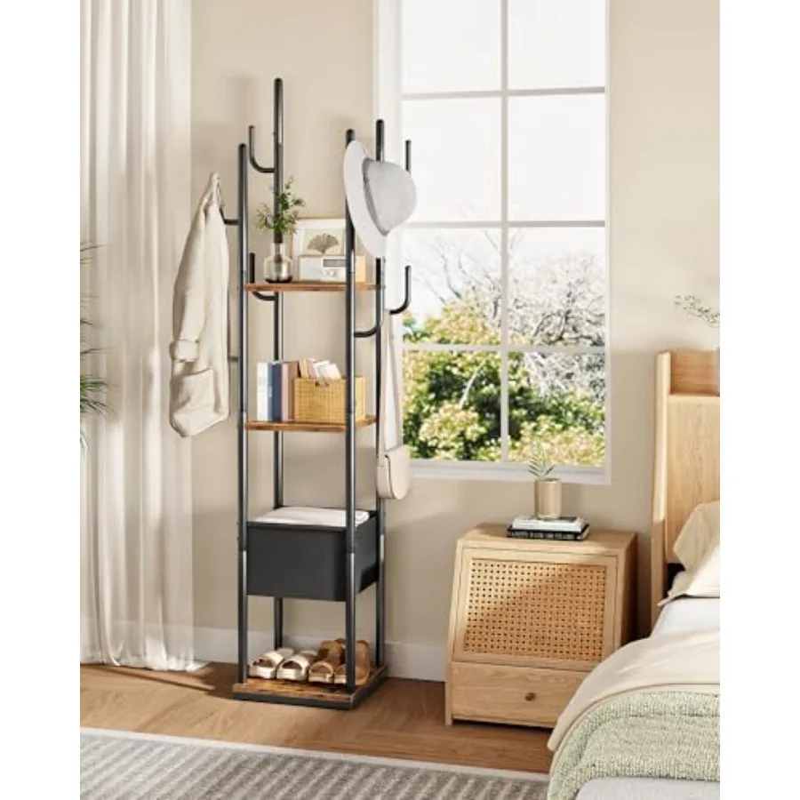 

CHOEZON Coat Rack Freestanding Coat Rack with 3 Shelves 8 Hooks and 1 Fabric Pouch Square Coat Hanger Stand Metal Clothes Tree