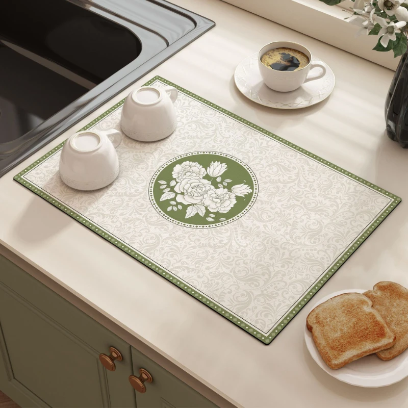 VIKAMA Kitchen Drain Mat Vintage Floral Tile Pattern Square Kitchen Counter Mat Highly Absorbent Fast Drying Anti Skid Flexible
