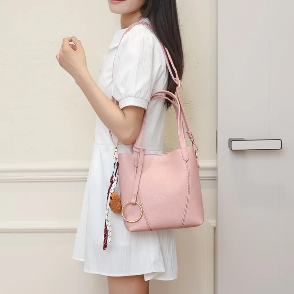 

Simple Portable Vegetable Basket Bag 2025 New Pu Leather Versatile Commuter Shoulder Bag Bear Pendant Bucket Bag