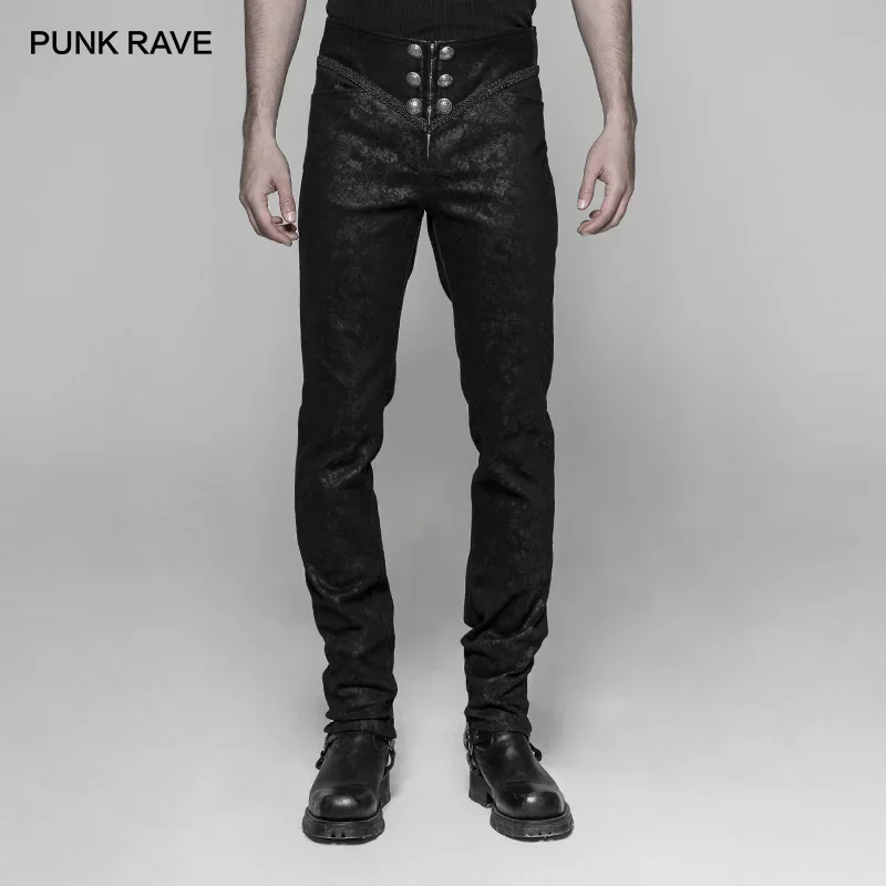 PUNK RAVE Men\'s Gothic Micro-elastic Embossing Black Trousers Party Cosplay Club Halloween Handsome Men Pants Streetwear