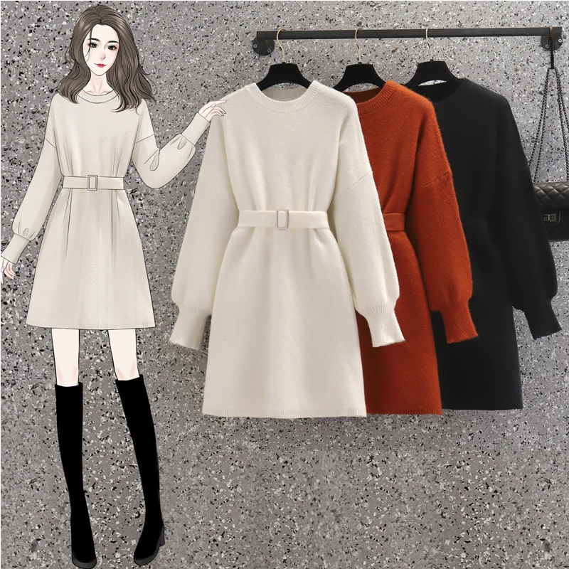 

Women's Knitted Sweater Wear New Spring Autumn Knitt Dress Female Fashion Slim Belt High Waist Long Sleeve Casual Sweater