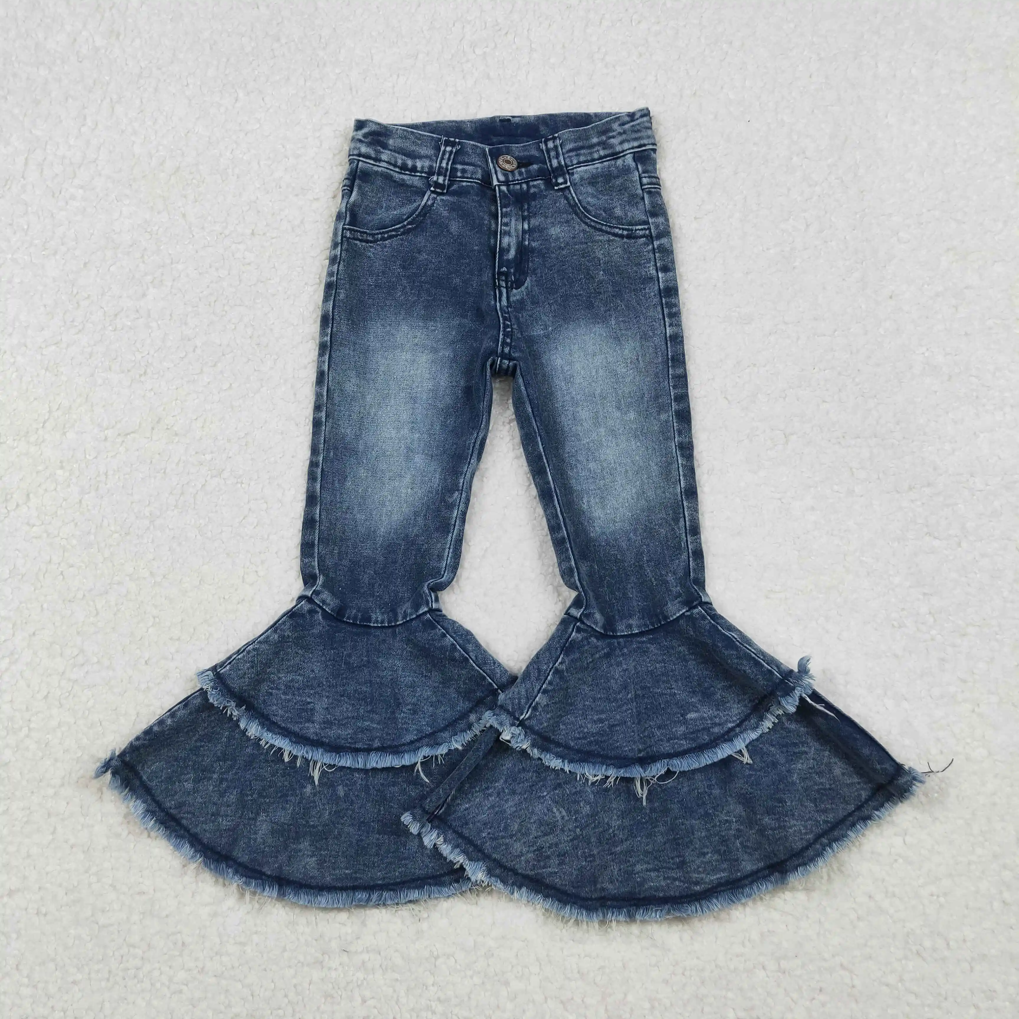 

Baby White Washed Ruffle Denim Jeans Bell Bottom Girls Pants Blue Ruffle Detailing Casual High Waist Trousers for Kids