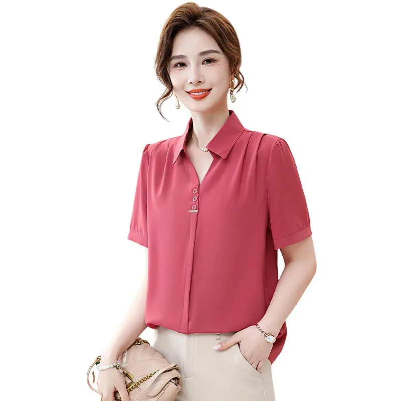 

Korean Fashion Women Blouses 2024 Office Lady Vintage Solid color Shirts Comfortable Short Sleeve Tops Women