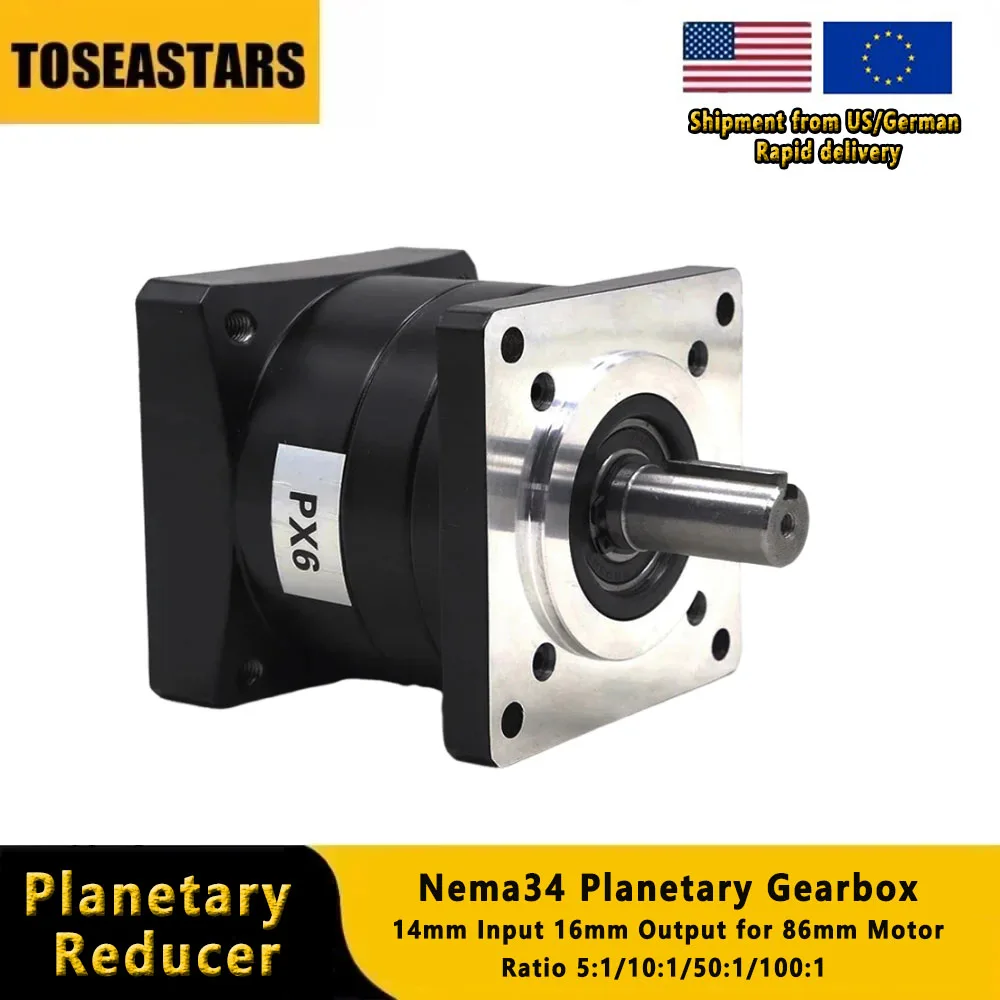 

Nema 34 Planetary Gearbox Gear Ratio 5:1/10:1/20:1/50:1/100:1 14mm Input 16mm Output For 86mm Stepper Motor Step-down Reducer