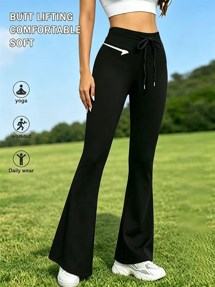 Ladies' Elegant Flared Pants - Drawstring Waist Design, High-Waisted Sport Pants, Fashionable Yoga Leggings, Commuting Trousers