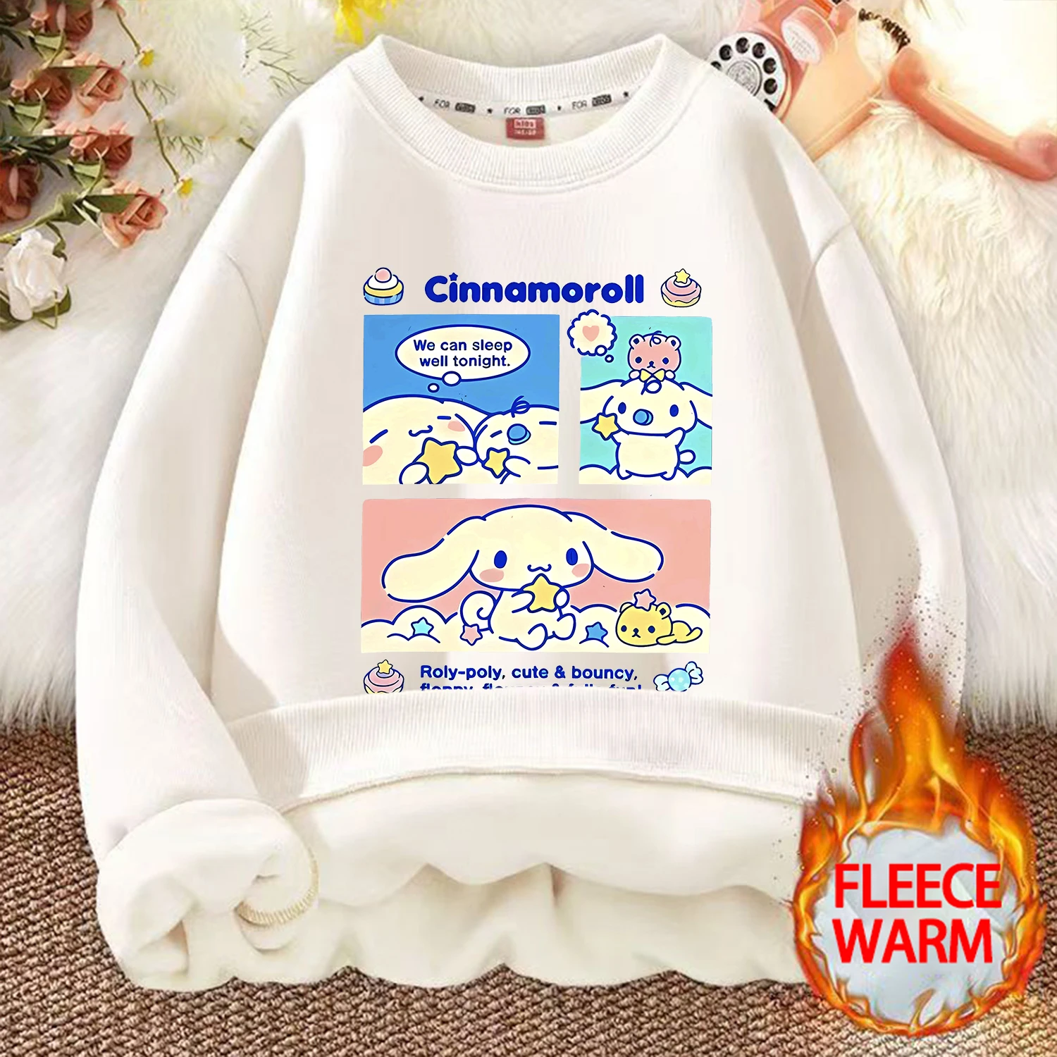 سينامورول هوديي جديد للأطفال لطيف الكرتون الصوف ملابس الفتيات ملابس بيضاء أزياء أطفال شتاء دافئ البلوز هدية