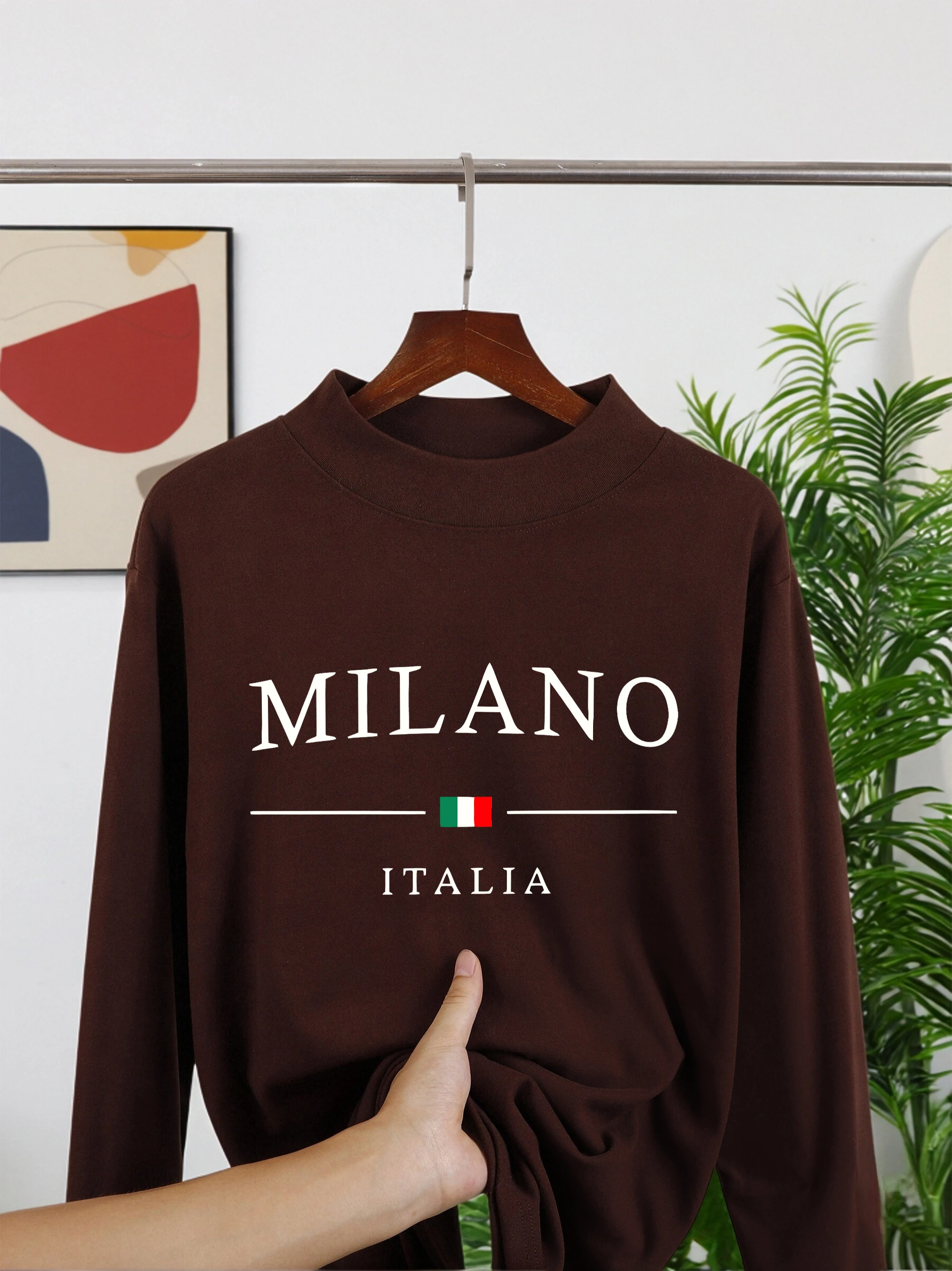 إيطاليا ميلانو الإبداع يطبع الذكور قاع الملابس الخريف الشتاء قميص طويل الأكمام عادية جديدة التي شيرت الدافئة تمتد قاعدة طبقة