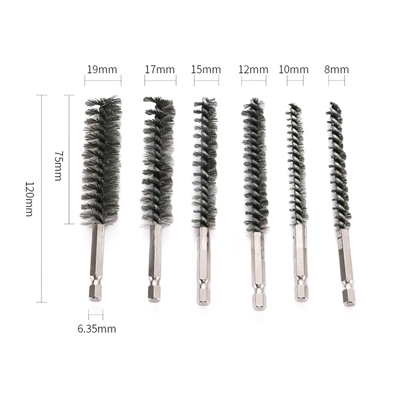 Broca Bore Escova De Limpeza, 1/4 "Hexagonal Handle, Escova De Arame De Aço Inoxidável, Anti-Ferrugem Limpeza De Portas De Tubulação, 8-19mm, 1 Pc, 6Pcs