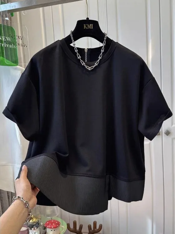 Onregelmatige Splicing Dames T-shirt F Sve Ronde Ne Losse Faionable Unieke Zomer Nieuwe Sle Top Casual Streetwear