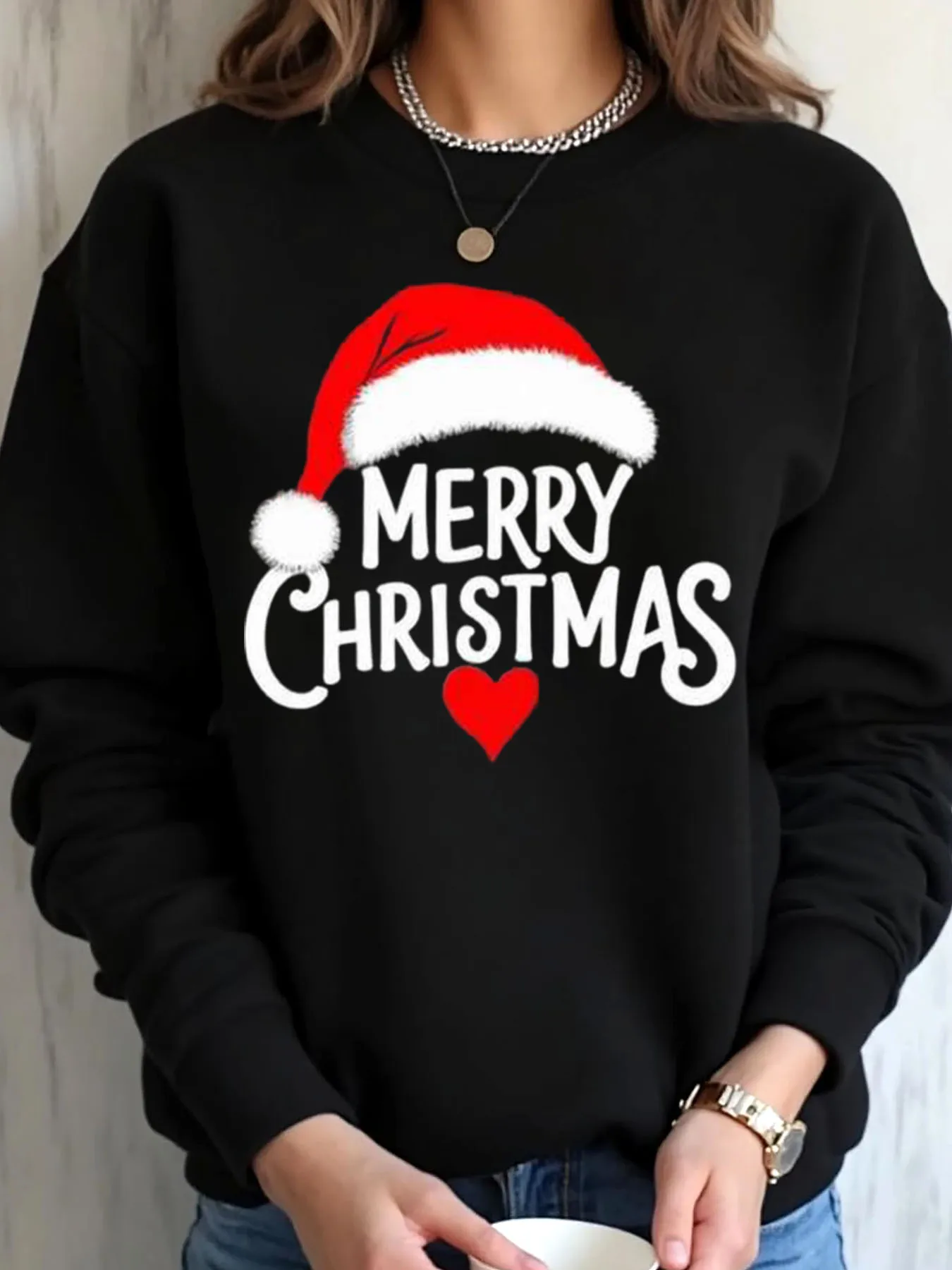 المرأة المتضخم البلوز عيد الميلاد سانتا قبعة عيد ميلاد سعيد القلب طباعة ملابس خارجية