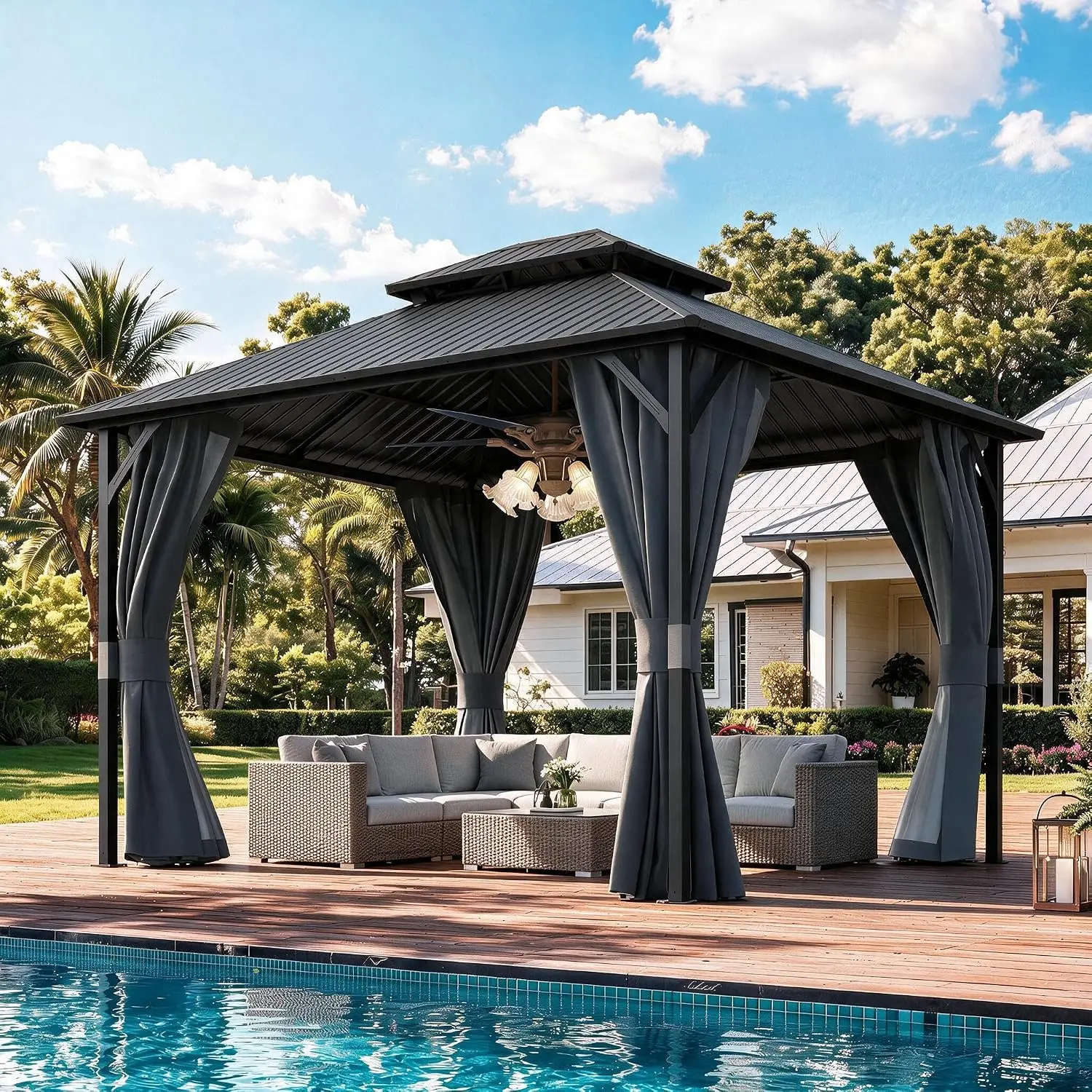 10x12 FT Hardtop Gazebo, Gray Metal Construction with Galvanized Steel Double Roof