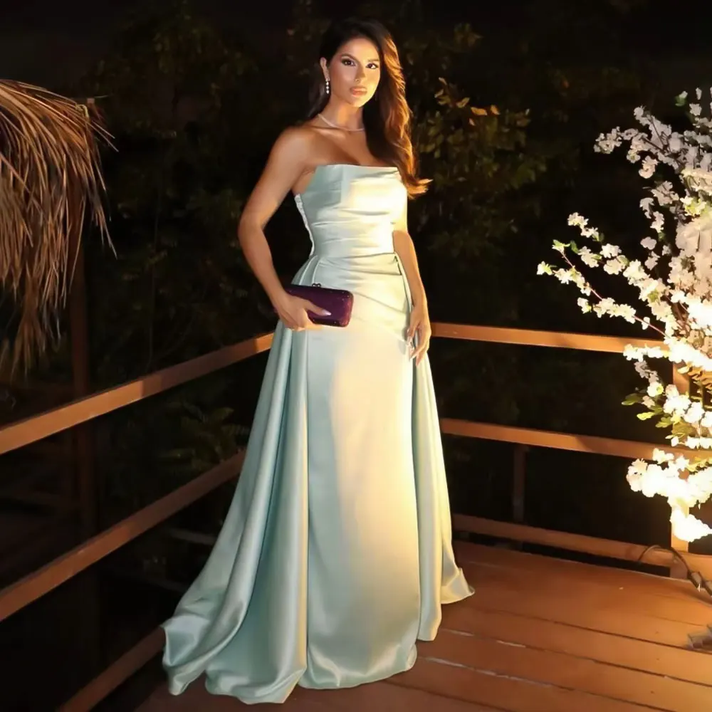 

Strapless Long Green Evening Dresses Satin فساتين سهرة Elegant Mermaid Pleated Prom Dress for Women Customized