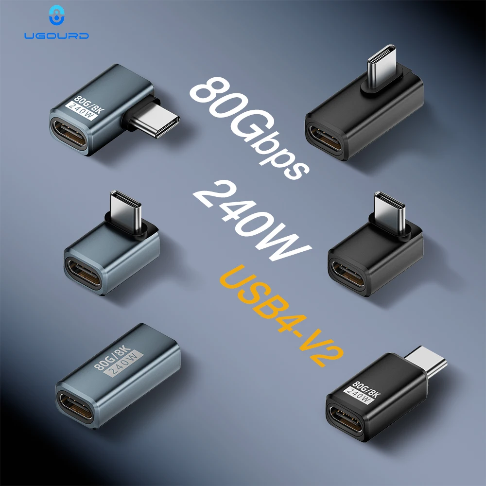 80Gbps Thunderbolt 5/4/3 USB-C Adapter Side Bend 90 Degree Type C Elbow USB4-V2 Angle Adapter Cable Connector 240W 8k for Laptop