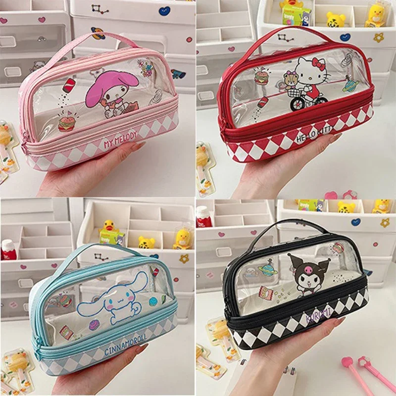 Cute Sanrio Mymelody Kuromi Cinnamoroll Pencil Case Student Plaid Pencil Case Multi Layer Large Capacity Cosmetic Travel Storage