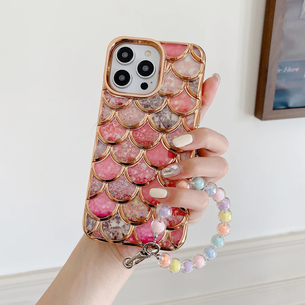 Qianliyao 3D Scale Pattern Bead Bracelet Electroplated Phone Case For iPhone 14 13 12 11 Pro Max Soft Shockproof Back Cover