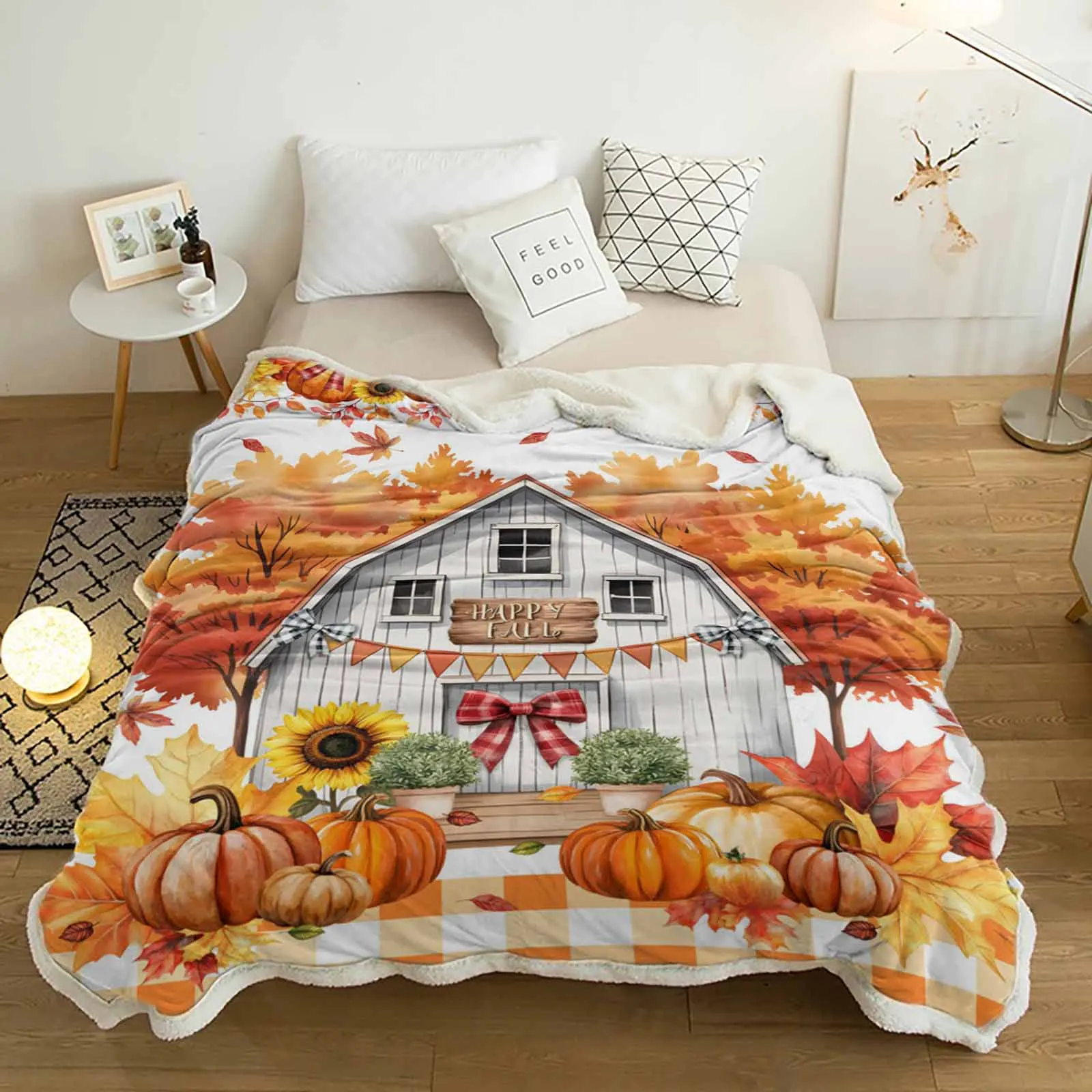 

Maple Leaf Farmhouse Pumpkin Cashmere Blanket Warm Winter Soft Throw Blankets for Beds Sofa Wool Blanket Bedspread