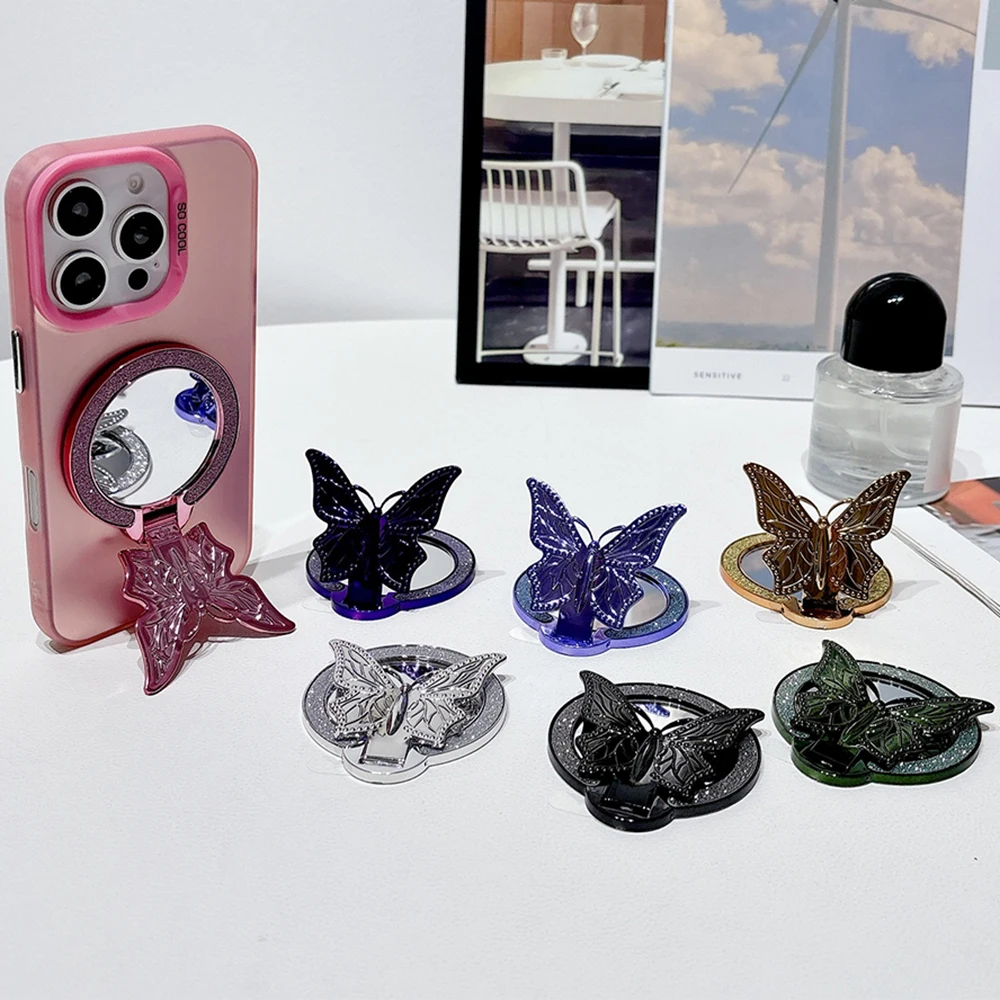 

Держатель для телефона с кольцом-бабочкой, вращающийся круглый зеркальный блестящий держатель для iPhone Xiaomi Redmi Samsung, держатель для мобильного телефона