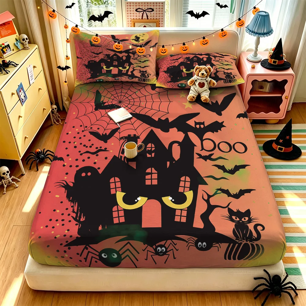 3PCS Halloween Haunted House Bat Spider Boo Duvet Cover Set 1 Duvet Cover 2 Pillowcases Soft Washable For Bedroom Festival Ho