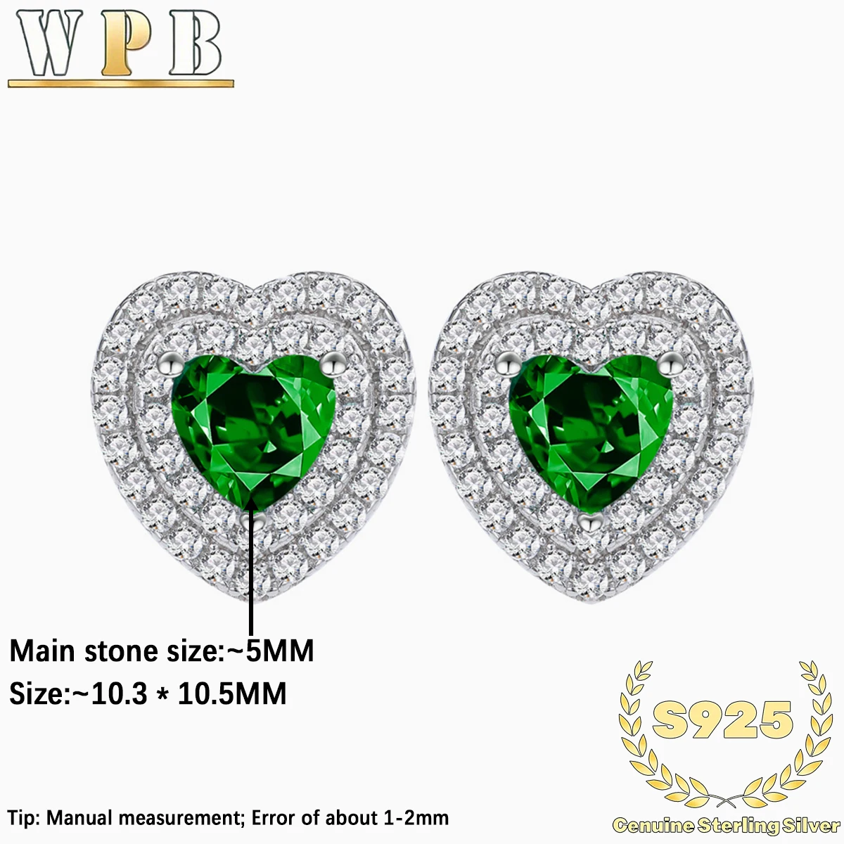 S925 Sterling Silver Stud Earrings Double Heart Green Zircon Halo Prong Setting for Women Valentine Gift Everyday Wear