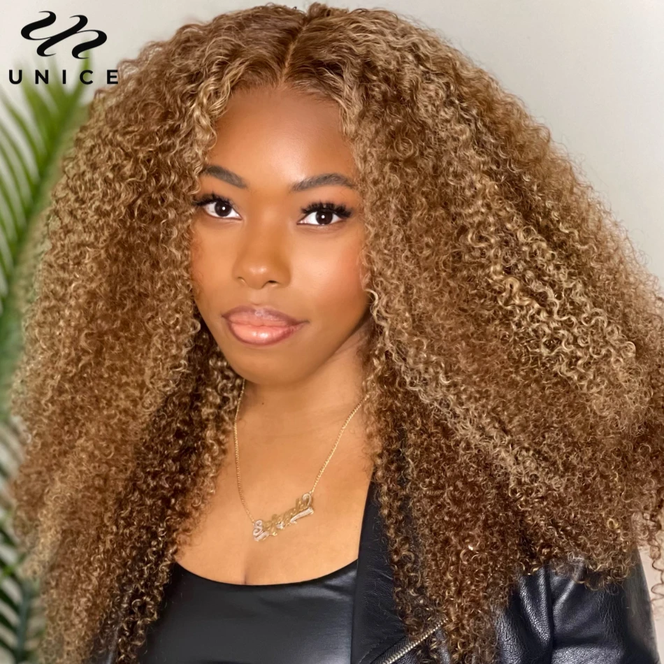 UNice Hair Pre Cut 6x4.75 Wear Go Glueless Wig Human Hair Brown Blonde Highlight Kinky Curly Lace Closure Wig 150% Density