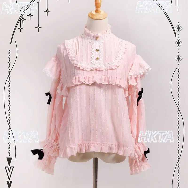 

Милые кружевные плиссированные рубашки с бантом и рюшами, топы, осенние кавайные универсальные блузки в стиле Лолиты с воротником-стойкой и длинными рукавами для девочек