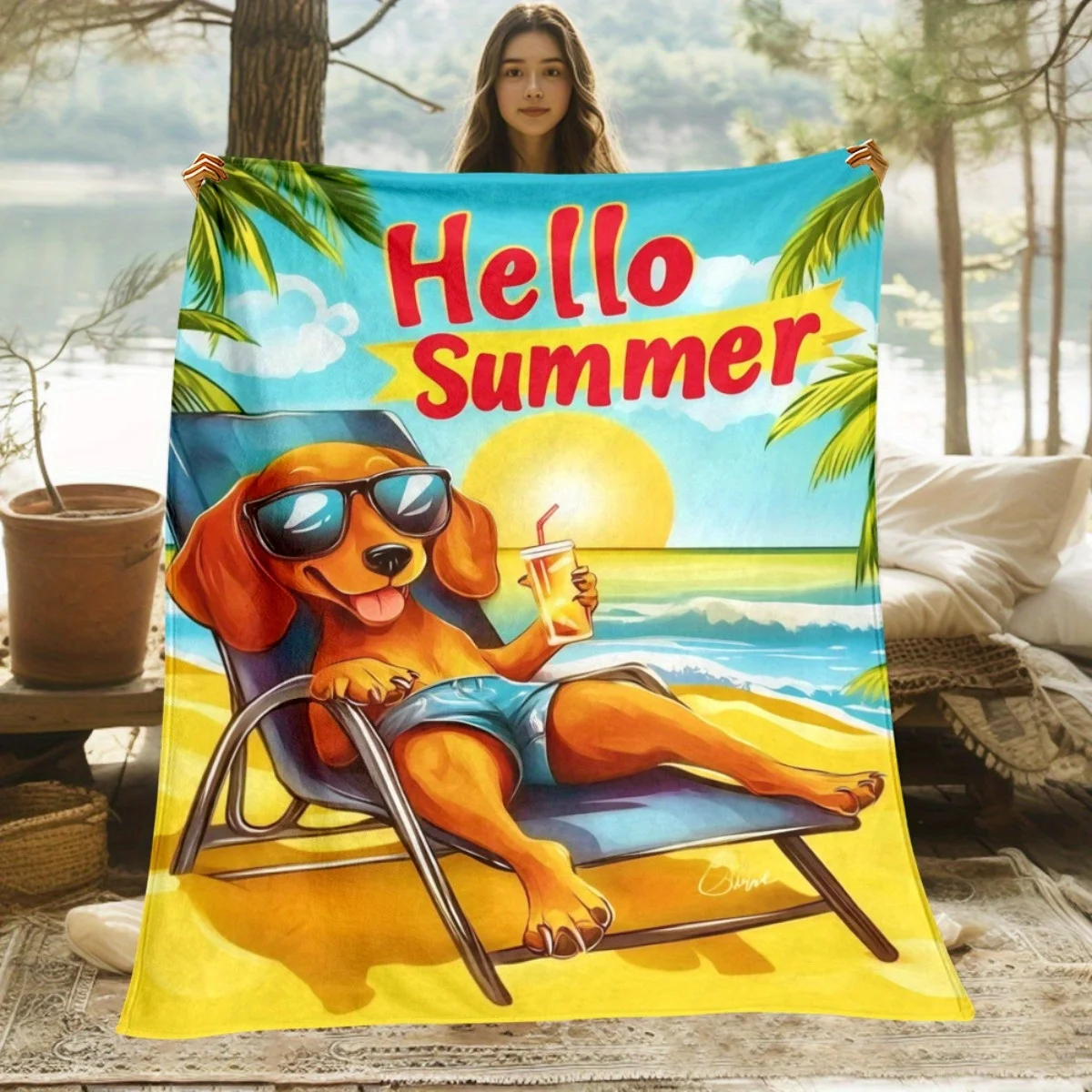 Hola verano perro escena de playa manta de franela suave y cálida para niños adultos decoración del hogar vibraciones de verano diseño Tropical PetLoverGift